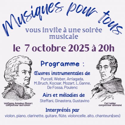Soirée musicale Musiques pour Tous @ Salle Olivier Messiaen Soirée musicale Musiques pour Tous @ Salle Olivier Messiaen